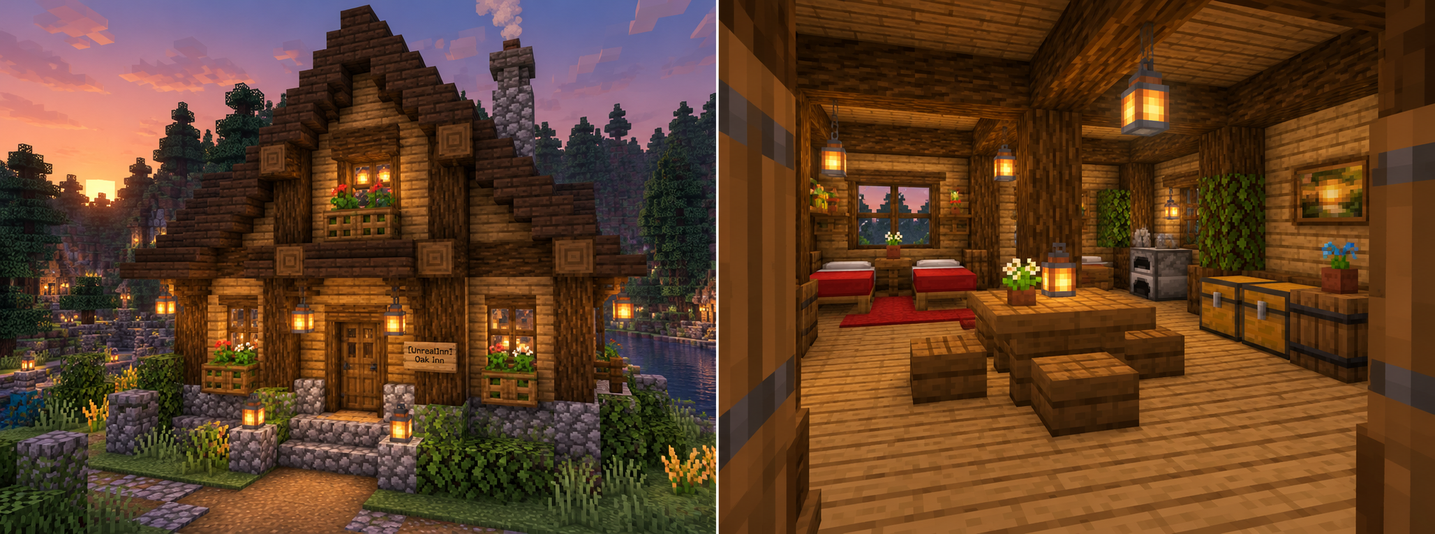 Minecraft-style timber and stone Inn exterior with a welcoming entrance and an UnrealInn sign beside the door.