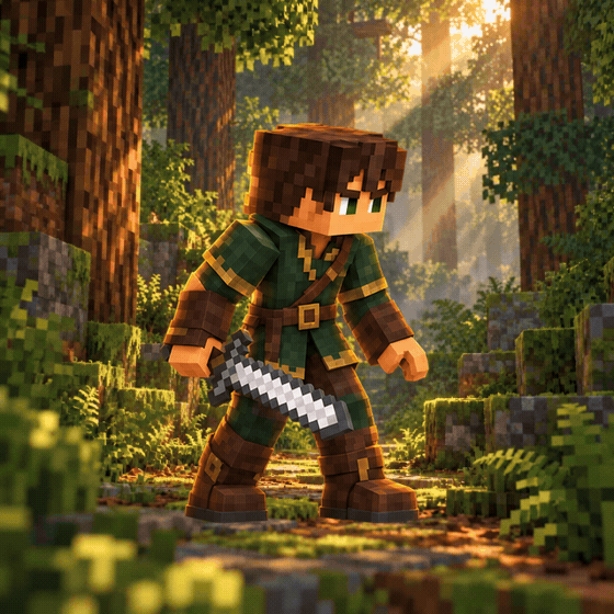 A sword-bearing Minecraft adventurer stands alert, crouches and dissolves into invisibility, then reappears while standing up on a wooded path.