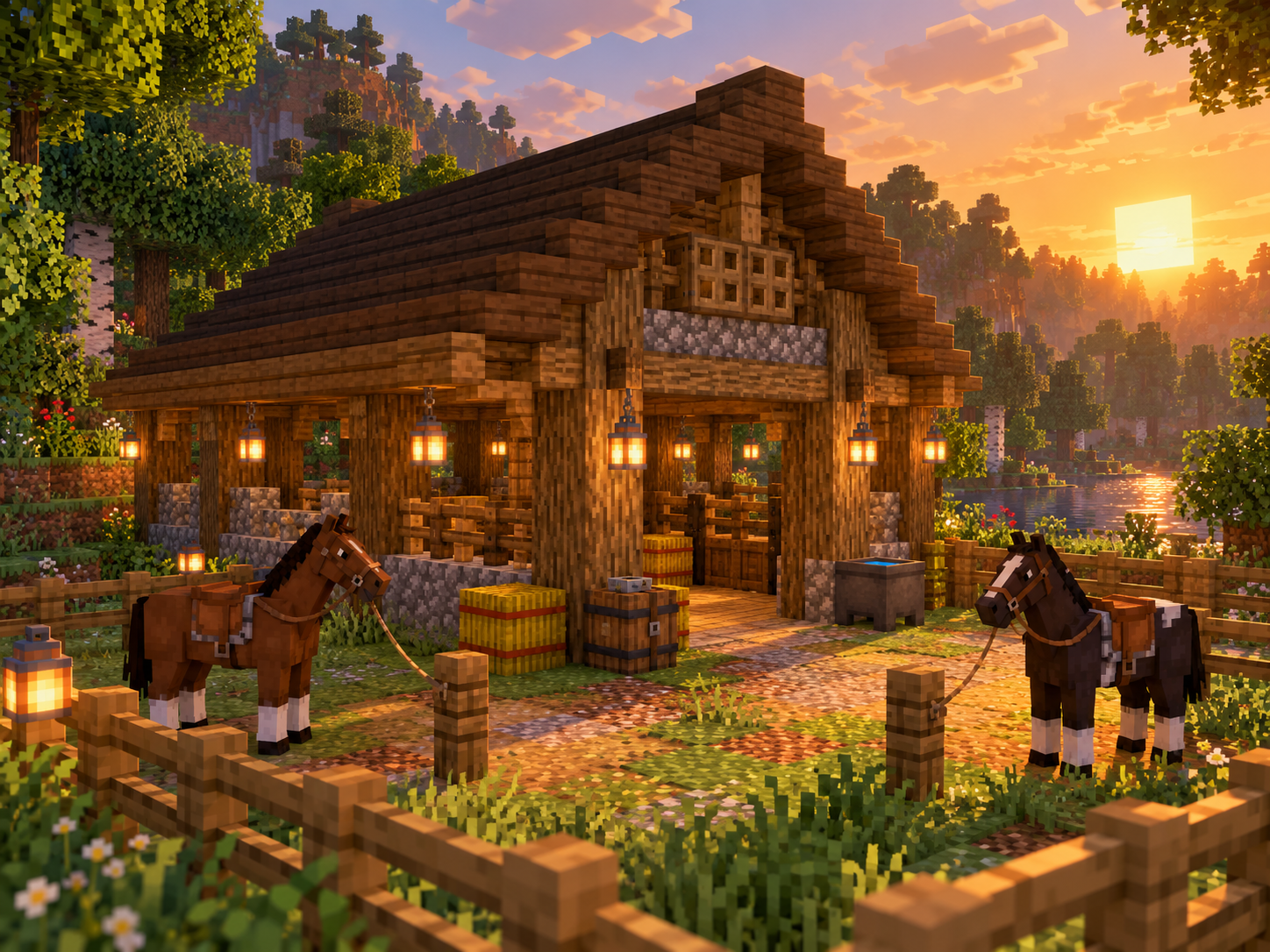 Timber Stable exterior at sunset with two saddled horses tethered to fence posts, hay bales, a tack barrel and a water cauldron.