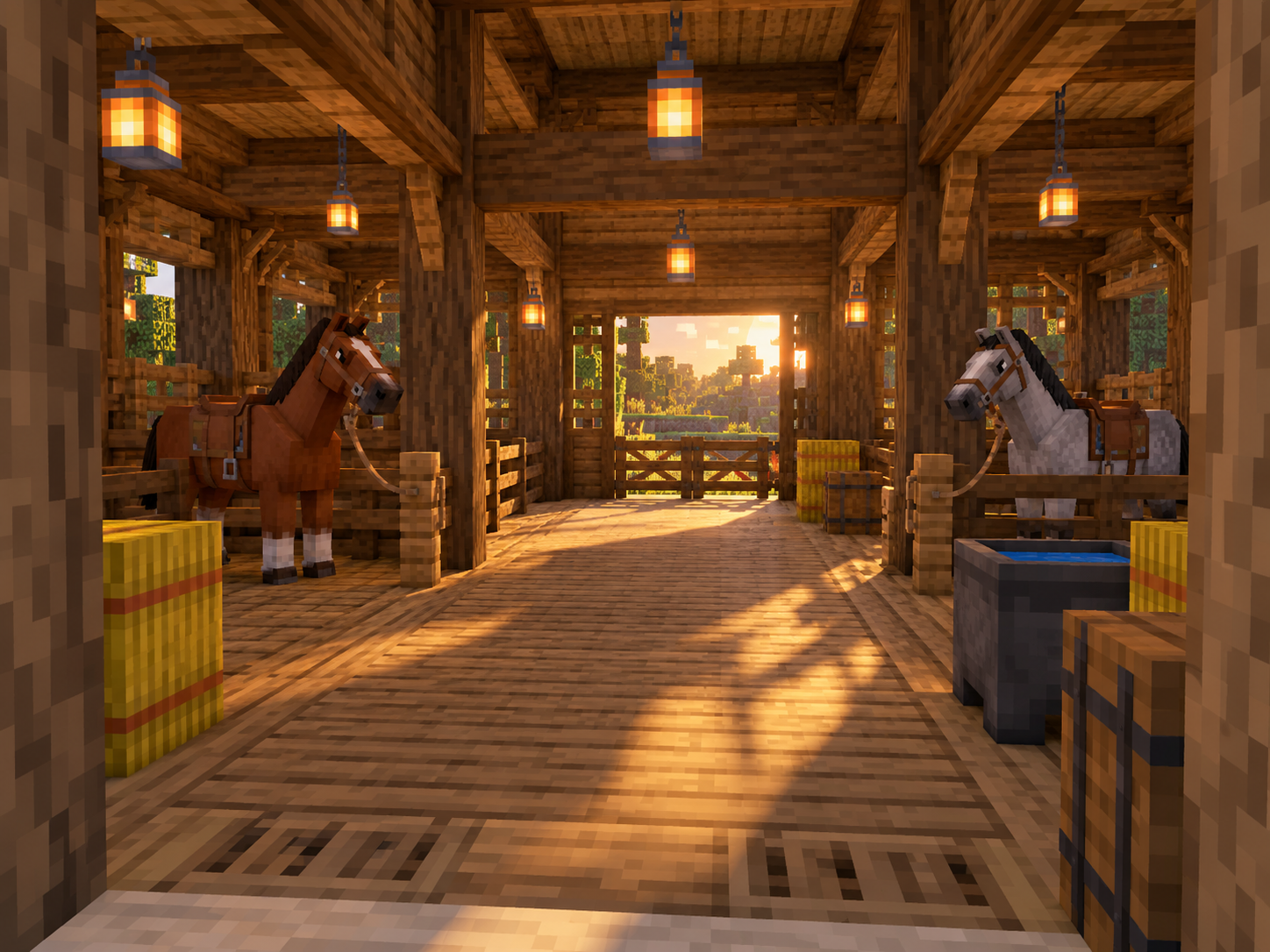 Lantern-lit timber Stable interior with two saddled horses tethered beside the aisle, hay bales, water and a tack barrel.