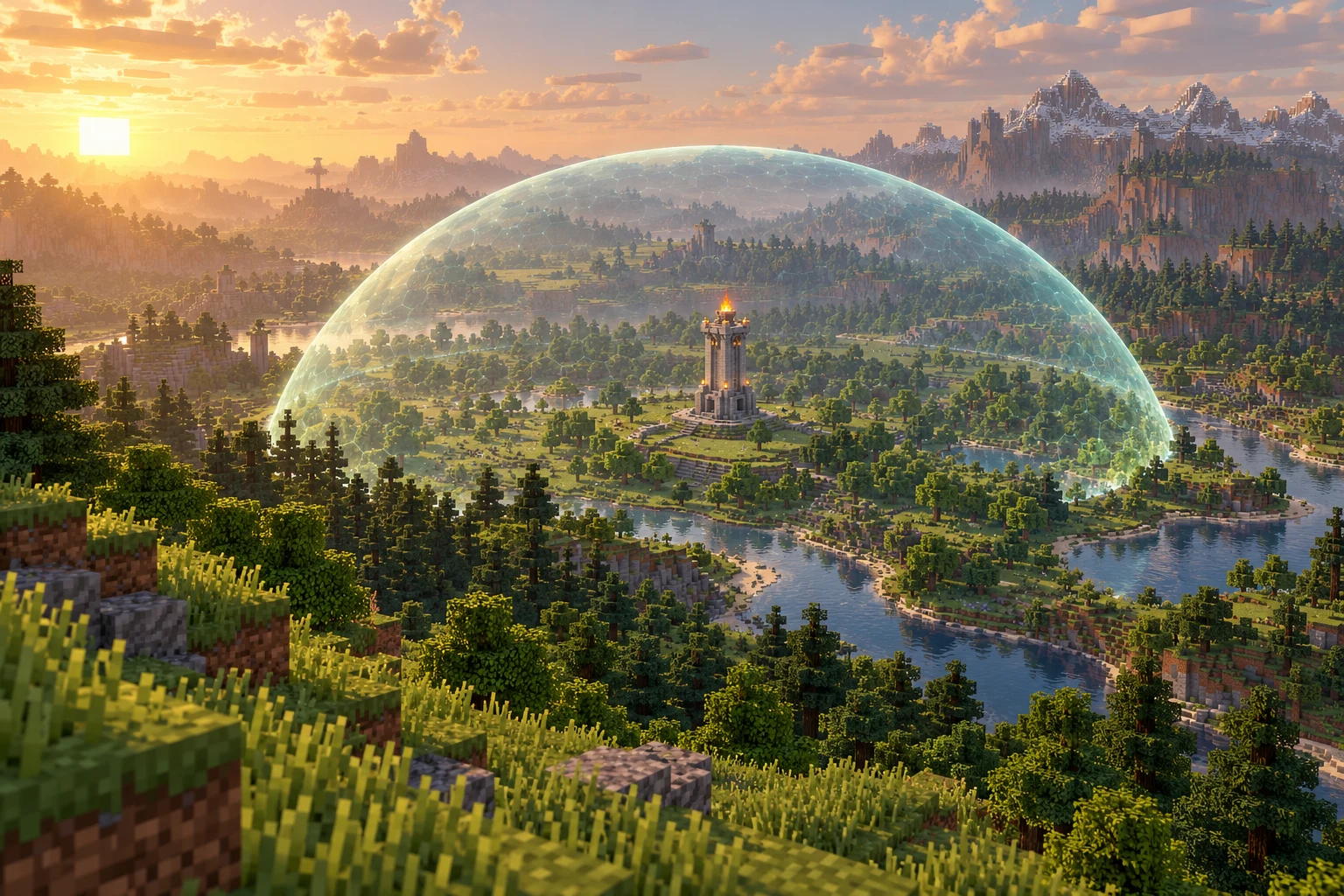 A distant Tier 4 Hearthstone Wardtower, crowned with fire, beneath a vast translucent shield over Minecraft forests, meadows and a river